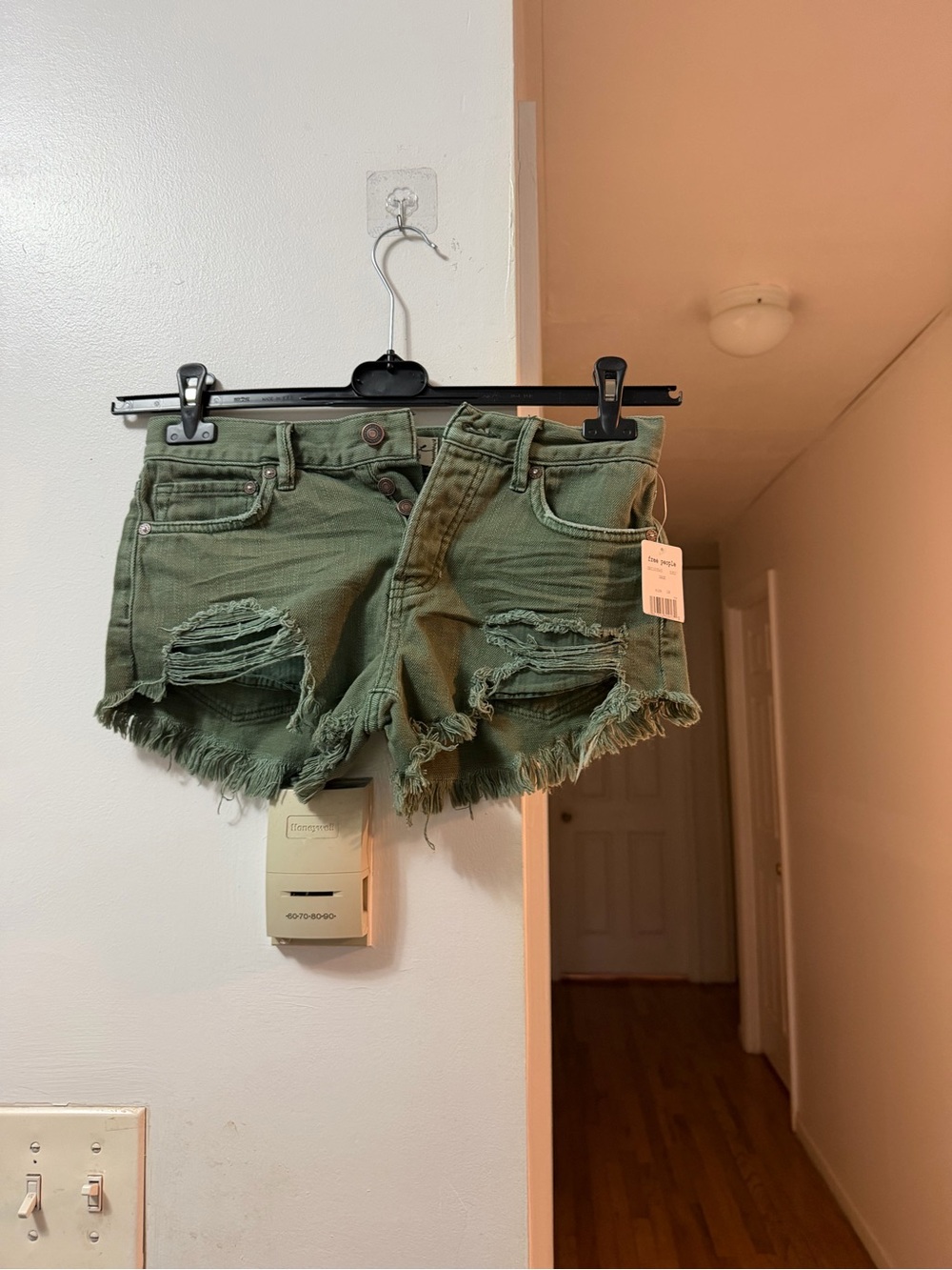 We The Free Olive Green Distressed Frayed Denim Shorts